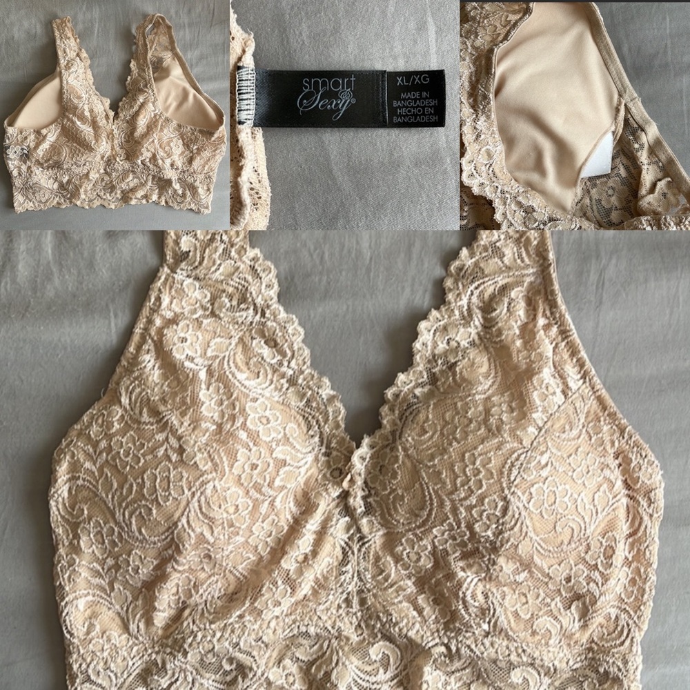 Beige Lace Bralette - Lined cups with removable pads